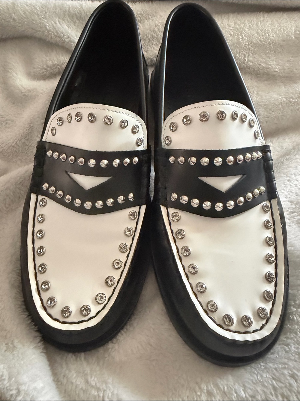 Women’s Sandro Black and White Studded Leather Penny Loafers